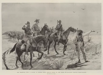 La guerra del Transvaal, una colonna della polizia sudafricana britannica in marcia verso Mafeking attraverso il Bechuanaland